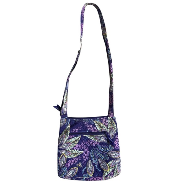 Vera Bradley Batik Leaves Purple Crossbody Bag with Front & Back Zipper Like New - Picture 2 of 8